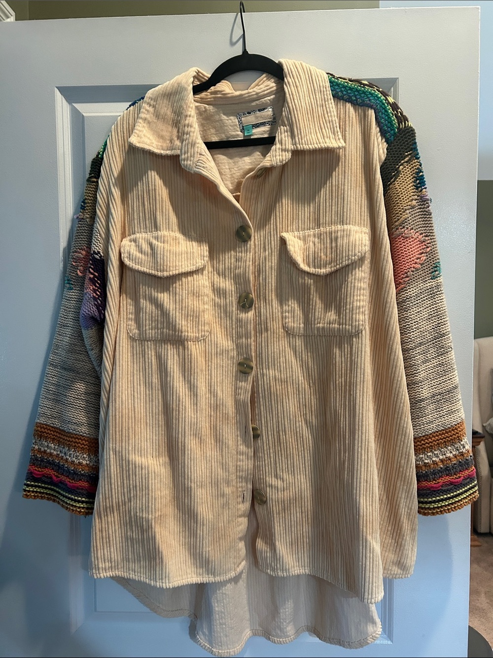 Pilcro Cream Corduroy Button-Down Shirt with Multicolor Knit Sleeves